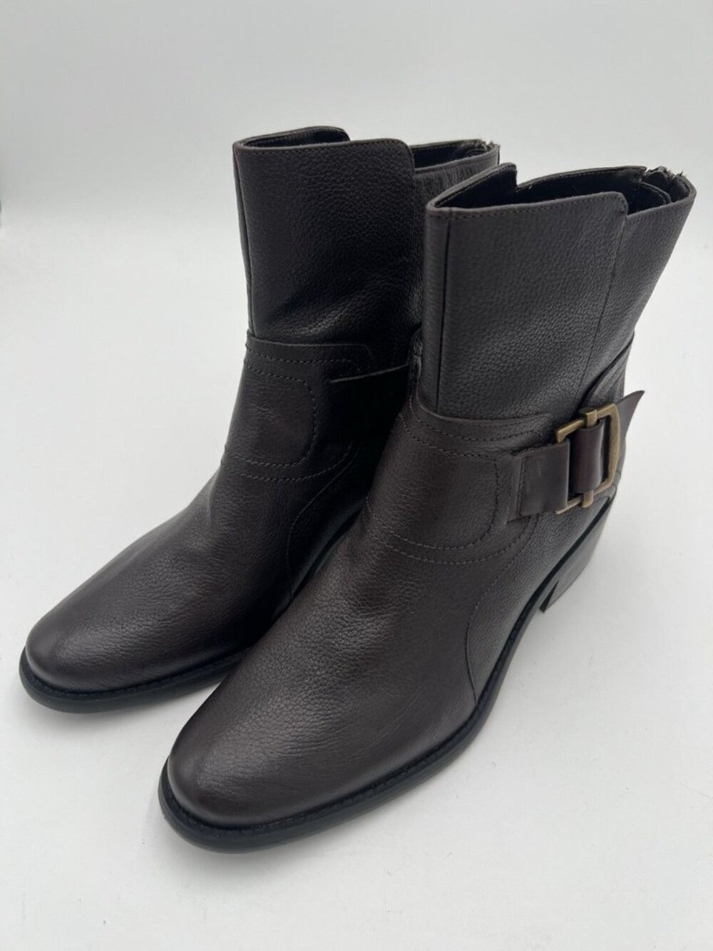 Nine West Sylvia Ankle Boots Brown Pebbled Leather Buckle Block Heel Size 9 NWOB